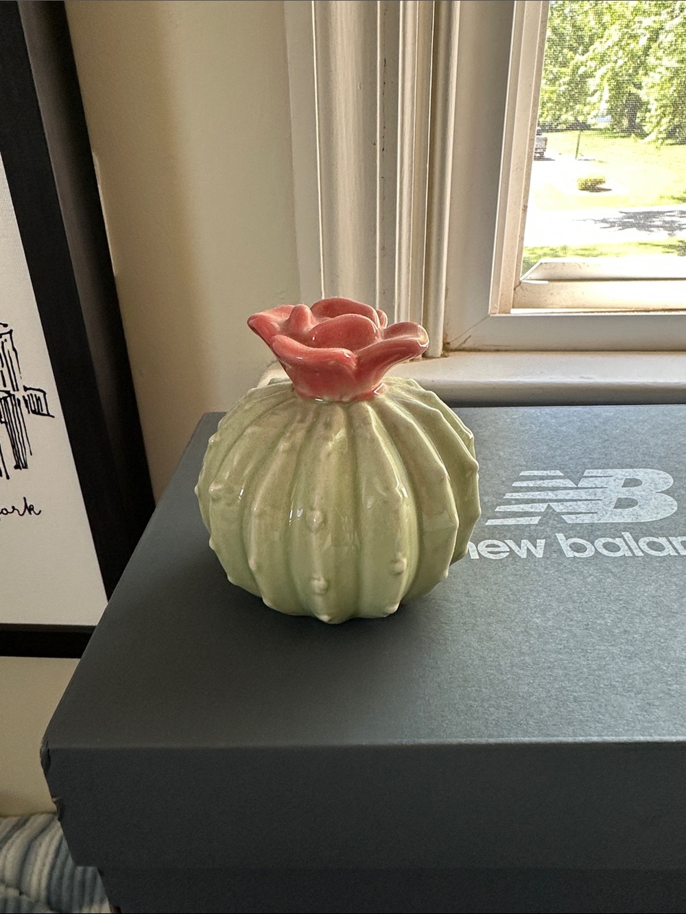 Ceramic Cactus Decorative Trinket with Pink Flower Accent